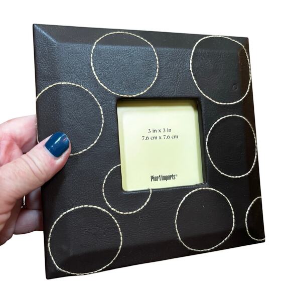 Pier 1 square photo frame standing brown & tan top stitched bubbles faux leather - Picture 2 of 6